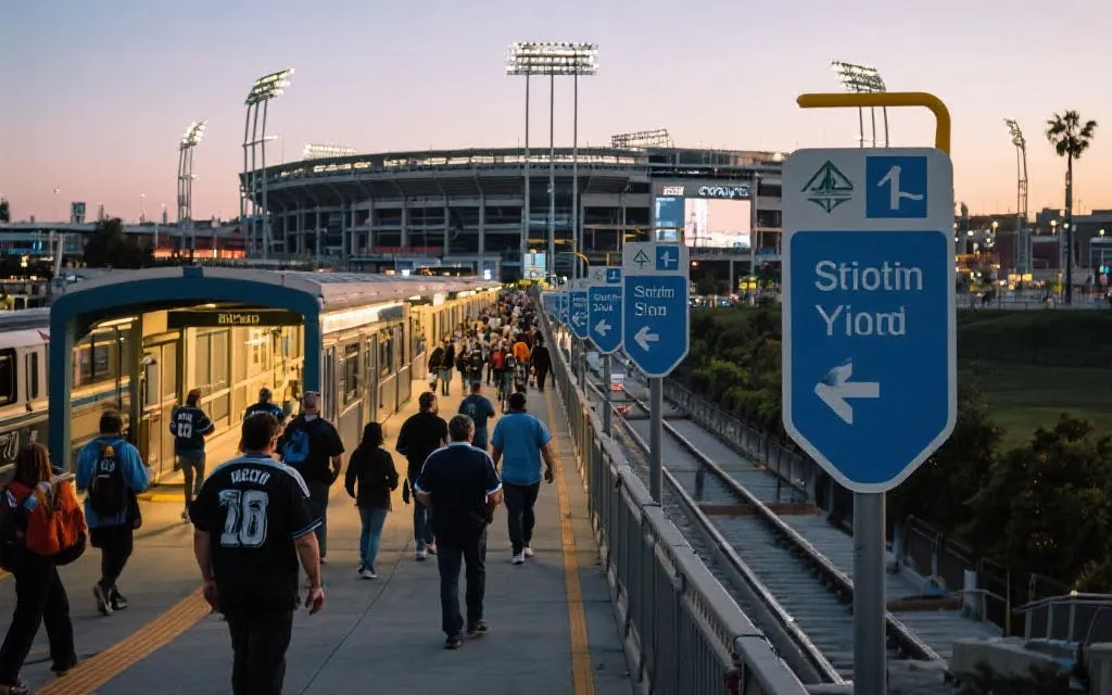 比赛日人潮中，球迷沿清晰指示牌从车站步行至球场的动线