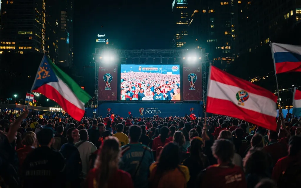 城市公共观赛区的球迷文化活动氛围，夜晚灯光与大屏幕