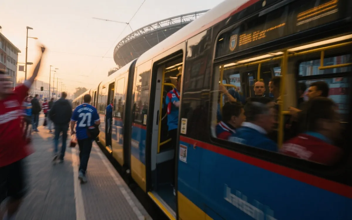 世界杯比赛日球迷在城市公共交通中前往球场的场景，清晨光线，纪实摄影风