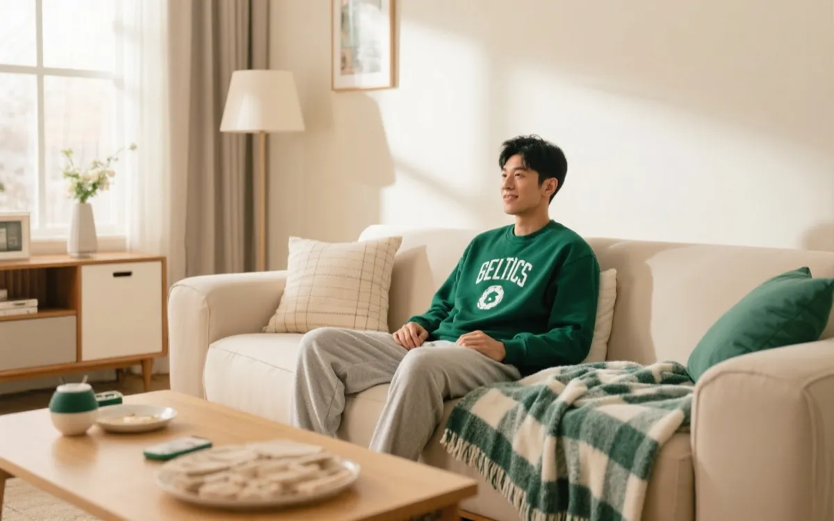 居家追赛穿搭：球队色上衣、柔软卫裤、毯子与抱枕营造氛围感