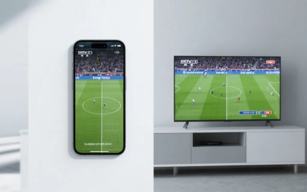手机与电视同屏对比观看足球直播的画面感，左侧移动端右侧大屏，强调画质与延迟差异