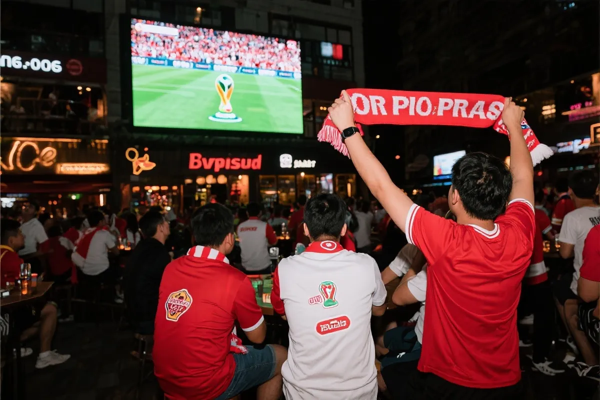 加拿大队球迷在酒吧与城市球迷区观看决赛，屏幕上比赛激烈，红白色应援装扮