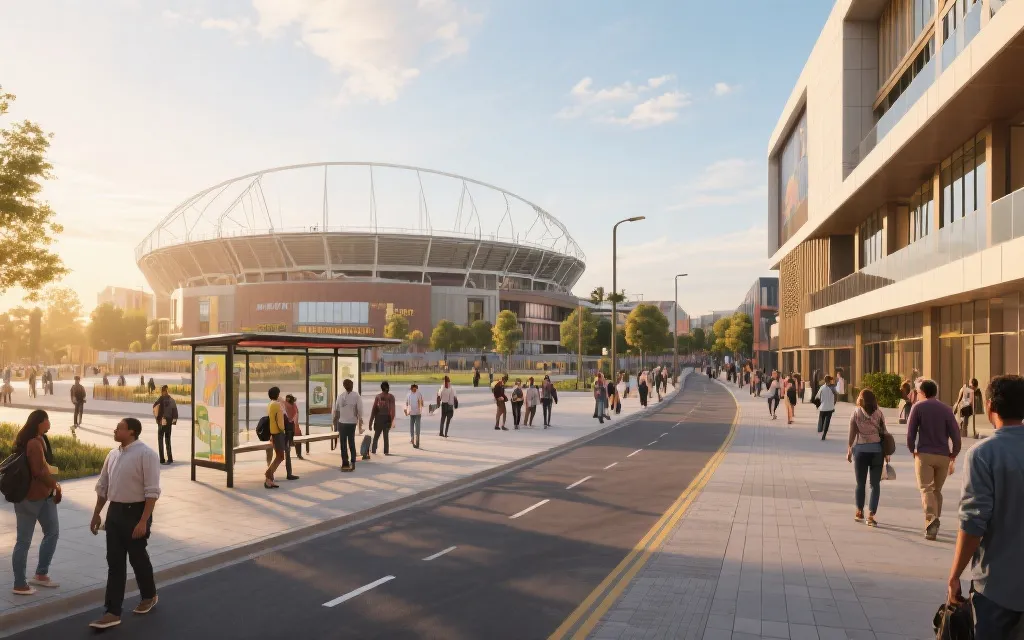 城市更新后的公共空间、步行街与公共交通节点，赛事人群与日常市民共存