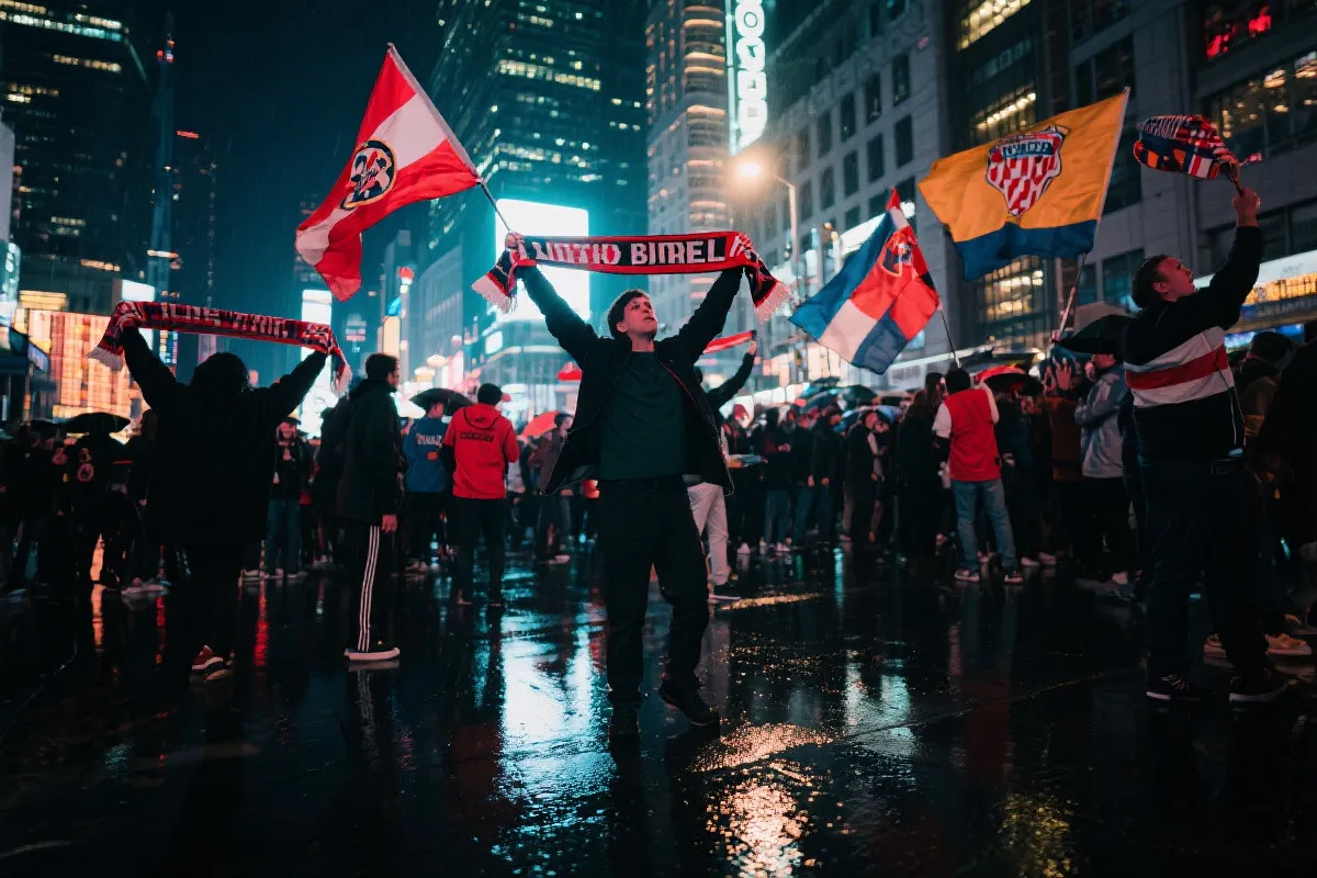 多伦多市中心夜景与球迷聚集的观赛氛围想象图