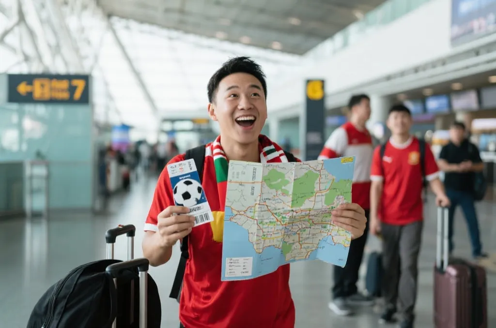 球迷手持地图和足球门票在机场准备出发旅行，充满期待的表情