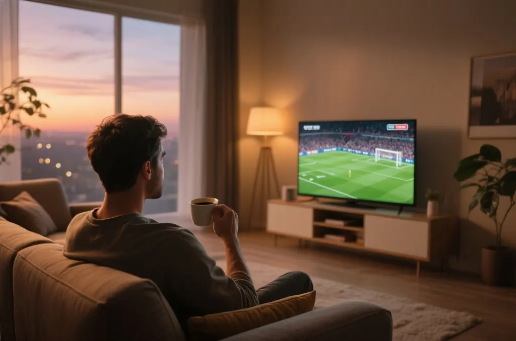A cozy living room at dawn, a person watching a generic soccer match on a modern TV screen, holding a cup of coffee, warm atmospheric lighting, cinematic view